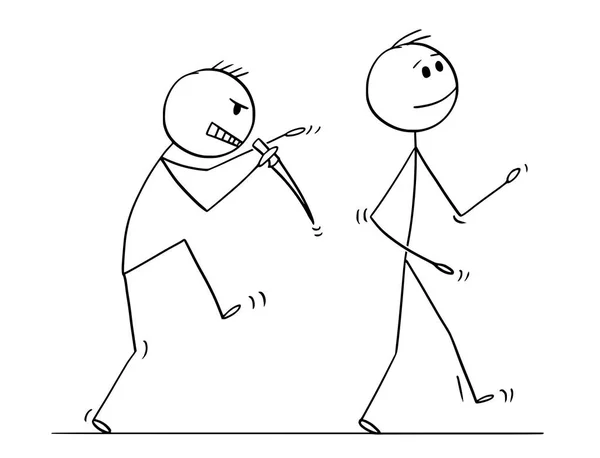 Caricature du tueur avec couteau glissant silencieusement derrière l'homme marchant — Image vectorielle