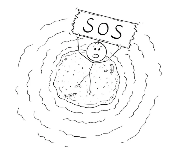 Desenhos animados da vista aérea do homem de Castaway na ilha pequena que prende o sinal de SOS — Vetor de Stock