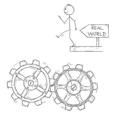 Adam ya da işadamı yürüyen makine Cogwheels için sonbaharda sanatsız karikatür