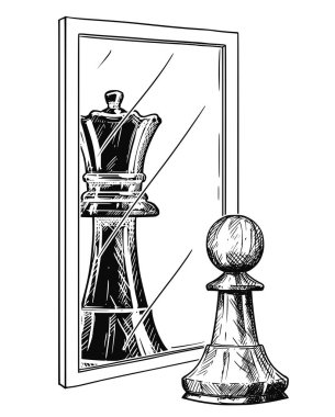 Cartoon Drawing of White Chess Pawn Reflecting in Mirror as Black King, Confidence Metaphor clipart