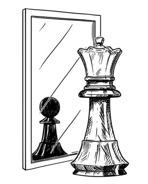Karikatür Çizim beyaz satranç aynada siyah piyon, güven metafor yansıtan King of