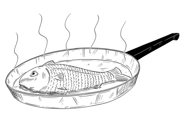 Cartoon Drawing of Fish Cooked on Frying Pan — Stock Vector