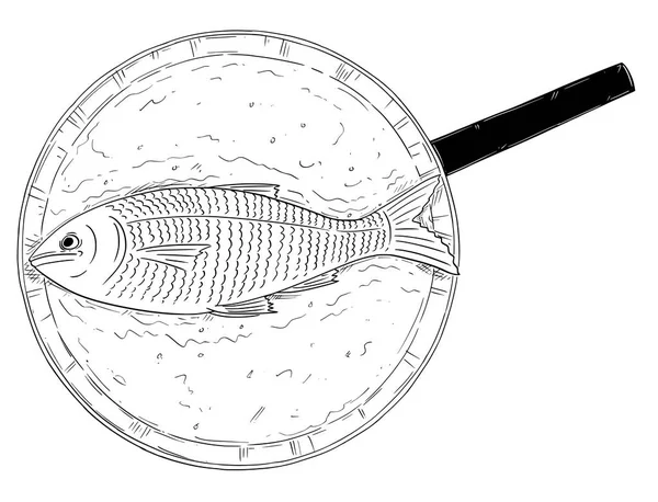 Cartoon Drawing of Top View of Fish Cooked on Frying Pan — Stock Vector