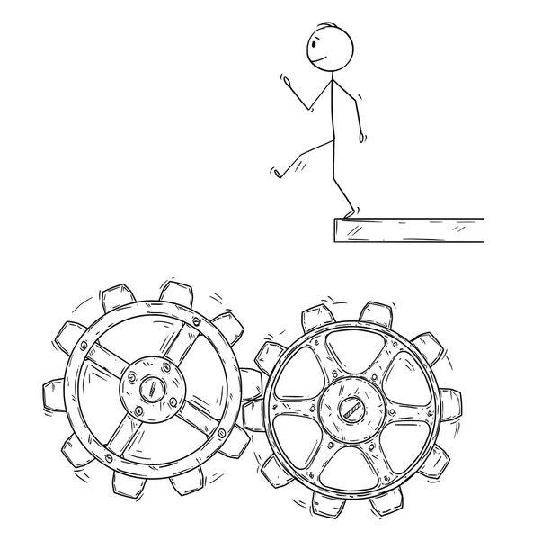 Dibujos animados del hombre o del hombre de negocios caminando sin arte para caer en la máquina Cogwheels — Vector de stock