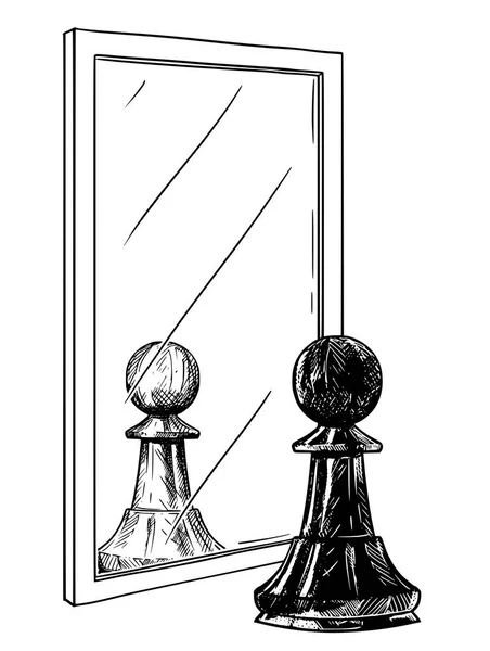 Zeichnung eines schwarzen Schachbauers, der sich im Spiegel als weiße, gute und böse Metapher spiegelt — Stockvektor