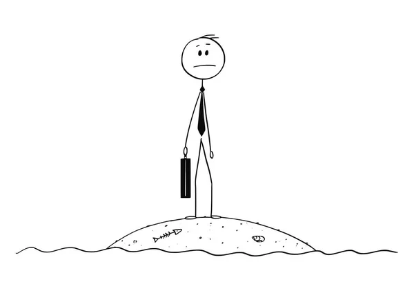 Caricatura del hombre de negocios náufrago de pie en la isla pequeña — Archivo Imágenes Vectoriales