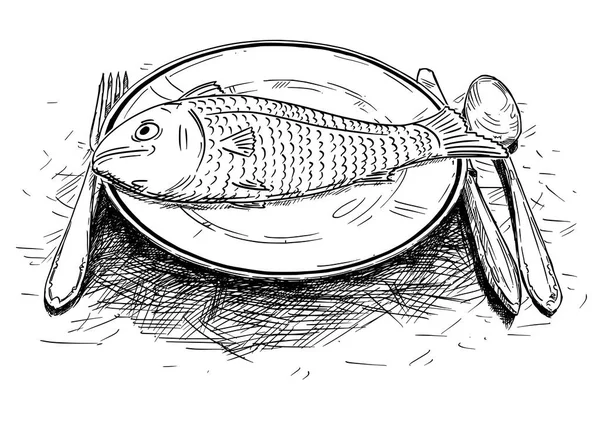 魚料理のディナー プレート上の漫画の描画 — ストックベクタ