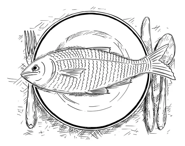 Dibujo de dibujos animados de la vista superior de la comida de pescado en la placa de la cena — Vector de stock