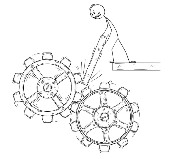 Kreskówka mężczyzna lub biznesmen próby zatrzymania maszyny koła zębate — Wektor stockowy