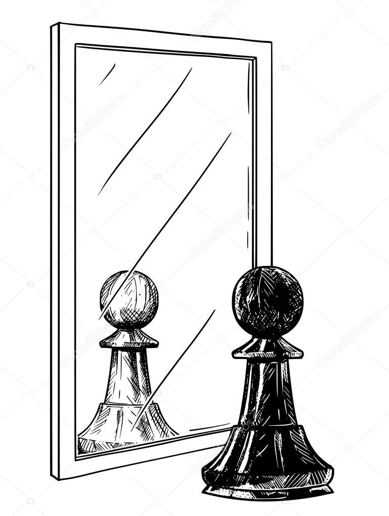 Cartoon Drawing of Black Chess Pawn Reflecting in Mirror as White, Good and Evil Metaphor