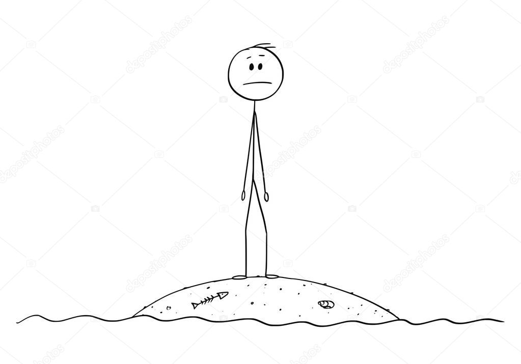 Cartoon of Castaway Man or Businessman Standing on Small Island