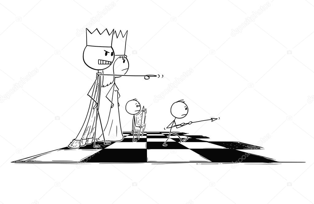 Cartoon of Big Chess King Sending Small Pawn Figure to Fight