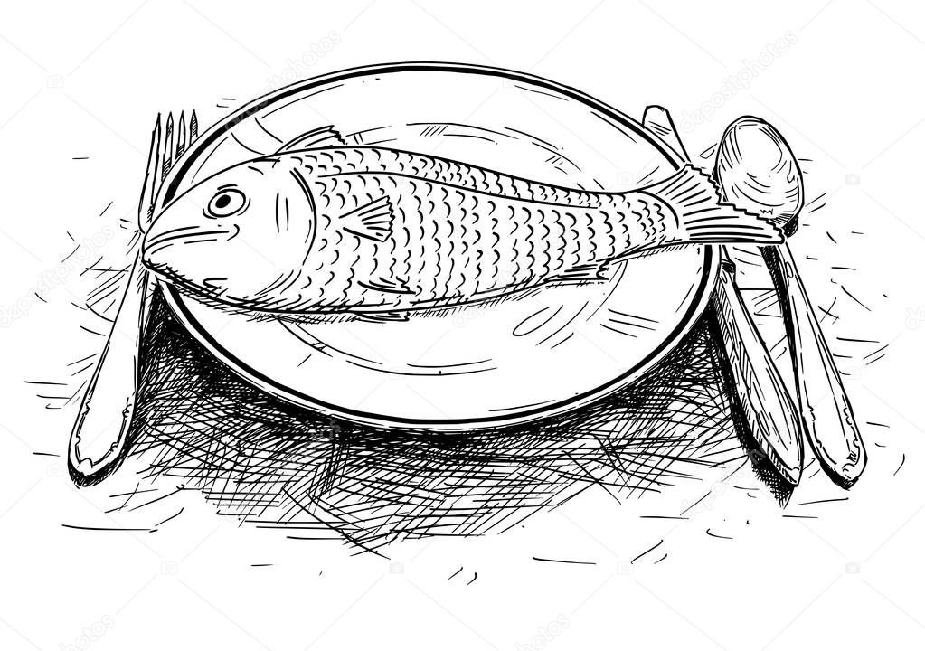 Cartoon Drawing of Fish Food on Dinner Plate