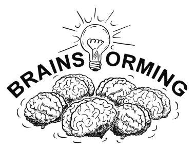 Logo grup insan beyni birlikte düşünme ile beyin fırtınası, çizgi film