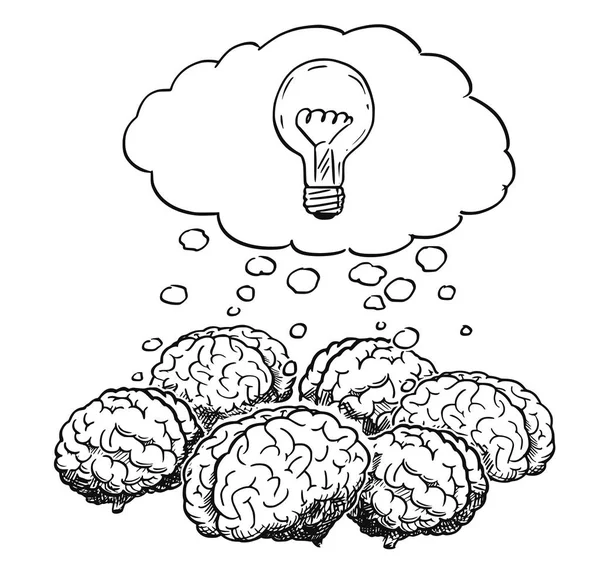 Caricature d'un groupe de cerveaux humains qui réfléchissent ensemble pendant un remue-méninges — Image vectorielle