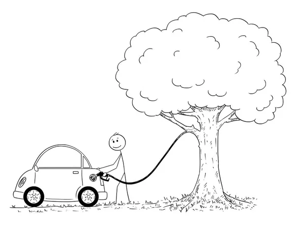 Cartoon of Man Refueling Car From a Tree - Stok Vektor