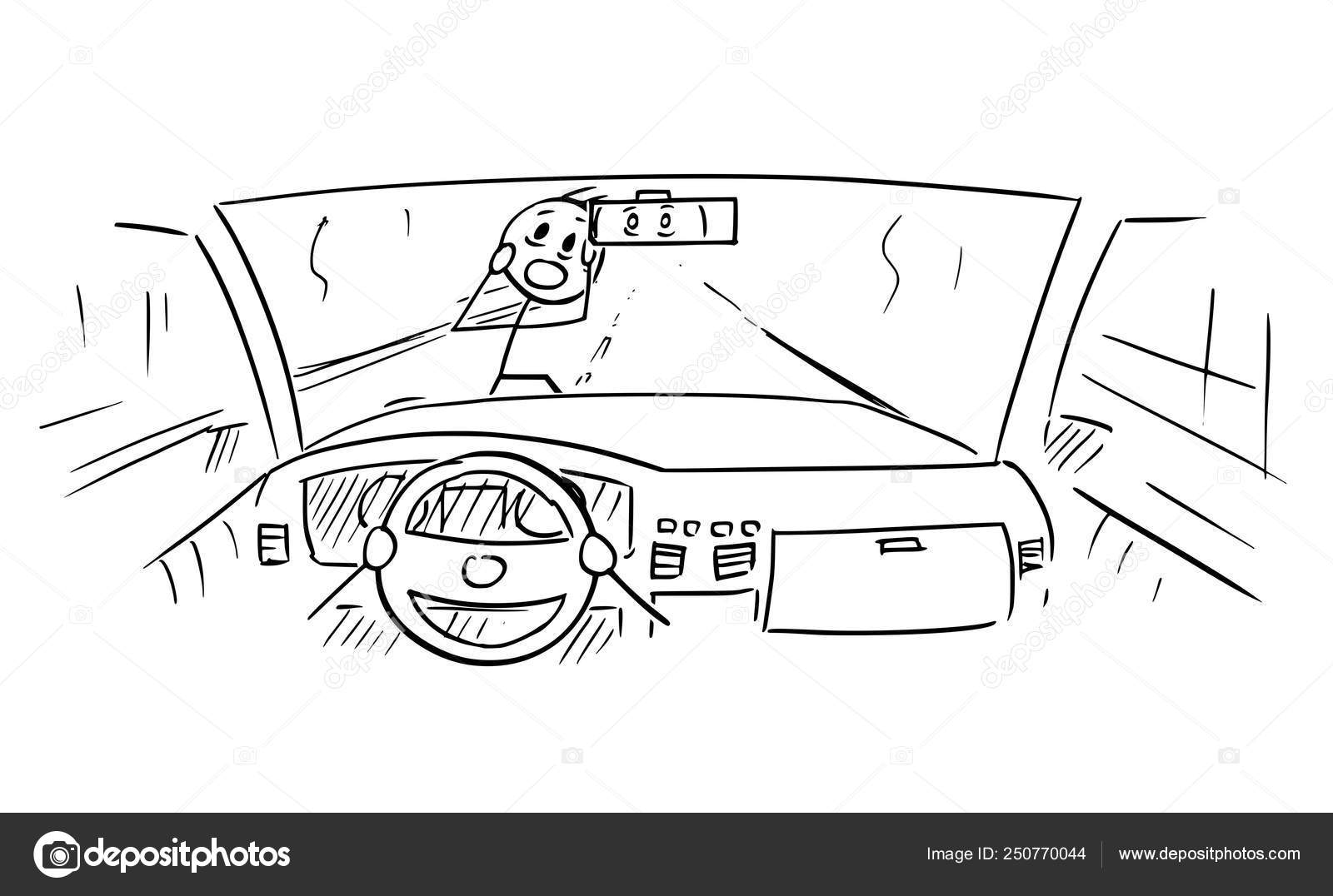 Karikatur von Auto-Armaturenbrett und Fahrer Hände am Lenkrad, während  Fußgänger fast überfahren wird Stock-Vektorgrafik von  ©ursus@zdeneksasek.com 250770044