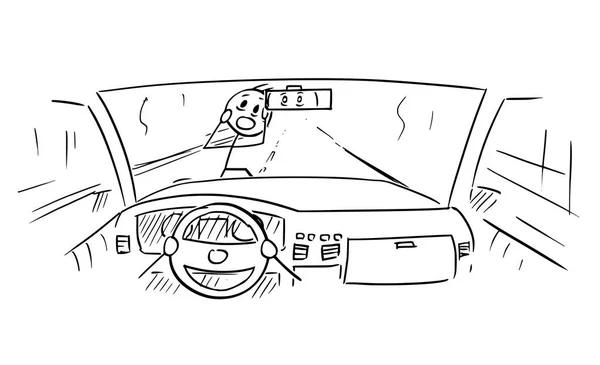 Cartone animato di cruscotto auto e driver Mani sul volante mentre pedone è quasi esaurito — Vettoriale Stock