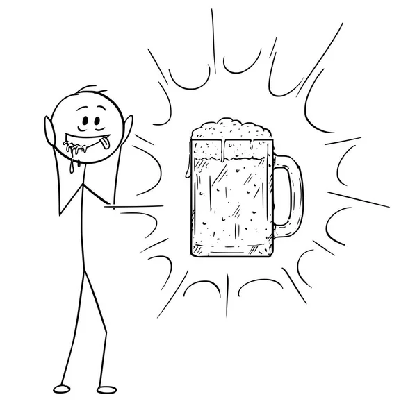 Desenhos animados de homem louco e sedento que vê a visão de caneca de cerveja de vidro ou cerveja — Vetor de Stock