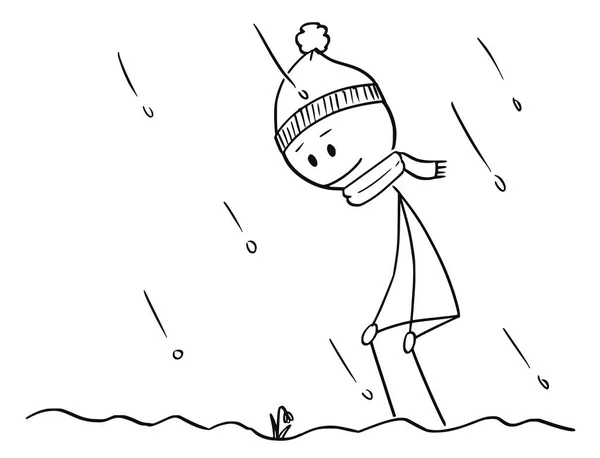Dibujos animados del hombre que encontró la primera flor de nieve de primavera en la nieve — Vector de stock