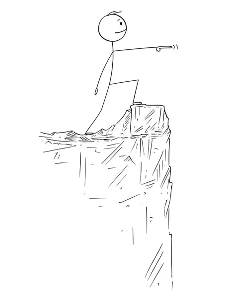 Karikatur eines Mannes oder Geschäftsmannes, der am Rande der Klippe steht und zeigt — Stockvektor
