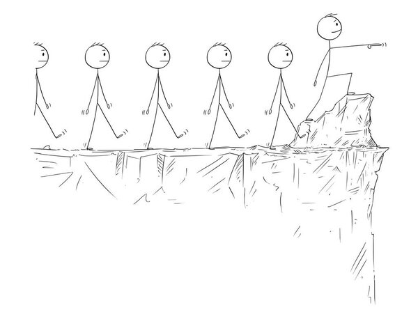 Cartoon of Man or Businessman Standing on the Edge of Cliff and Leading Crowd of Followers