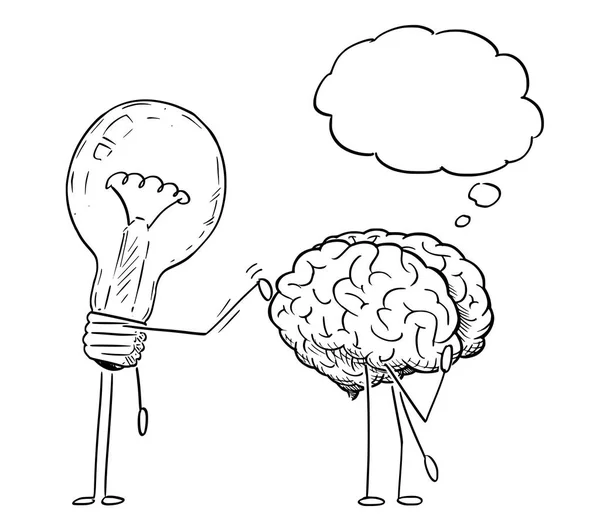 Desenho de desenhos animados de personagens de lâmpadas gravando na parte de trás do cérebro de pensamento — Vetor de Stock