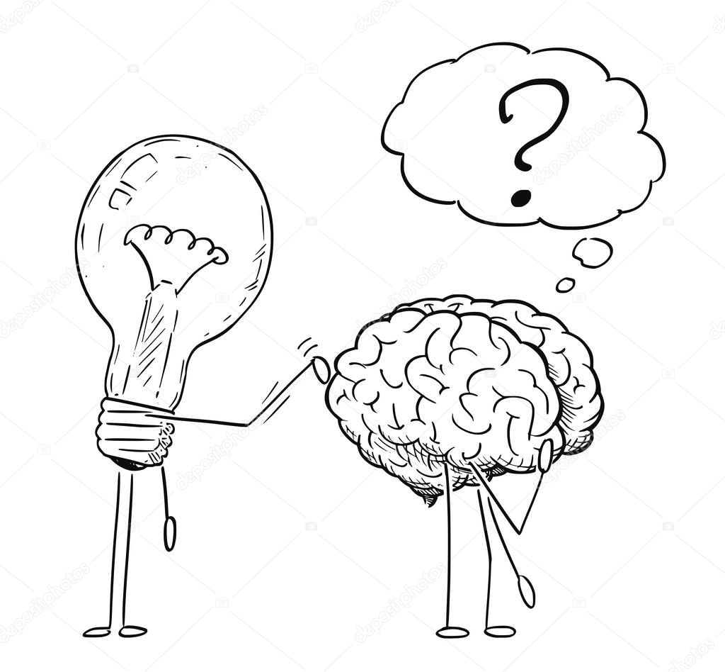 Cartoon Drawing of Lightbulb Characters Taping on Back of Thinking Brain