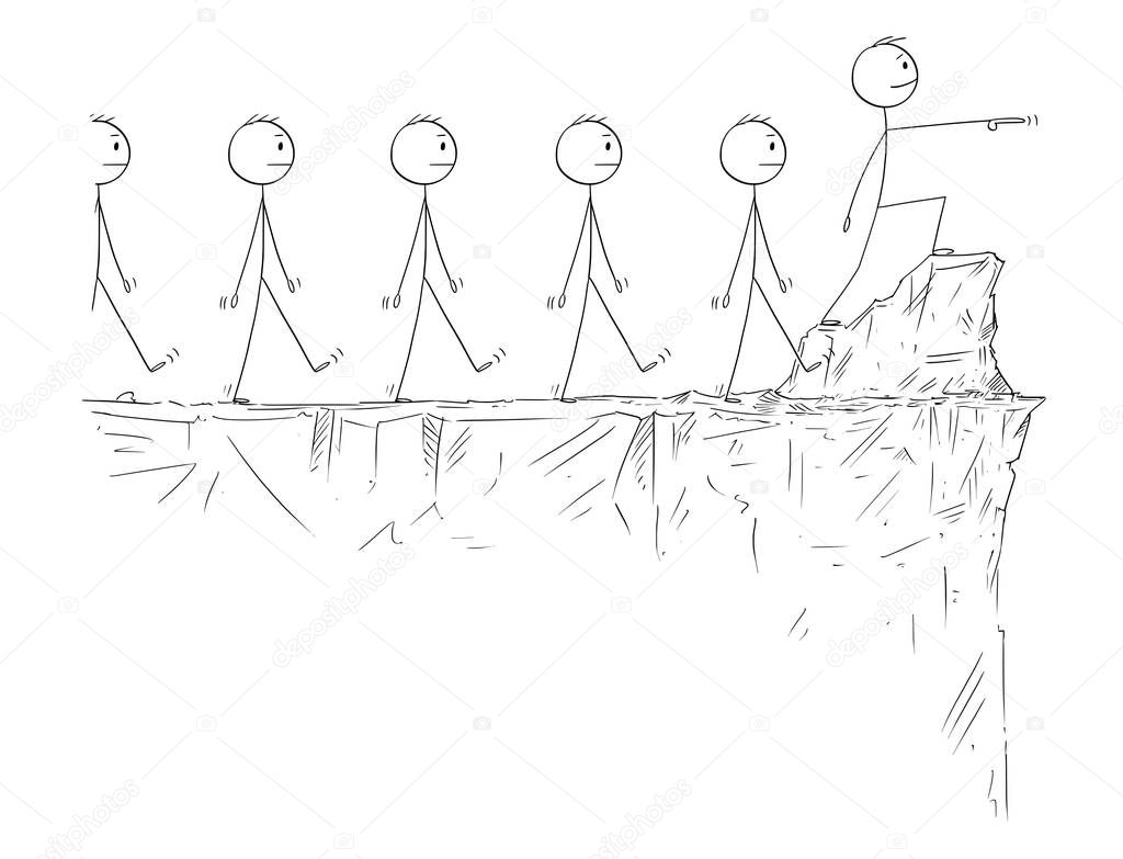 Cartoon of Man or Businessman Standing on the Edge of Cliff and Leading Crowd of Followers