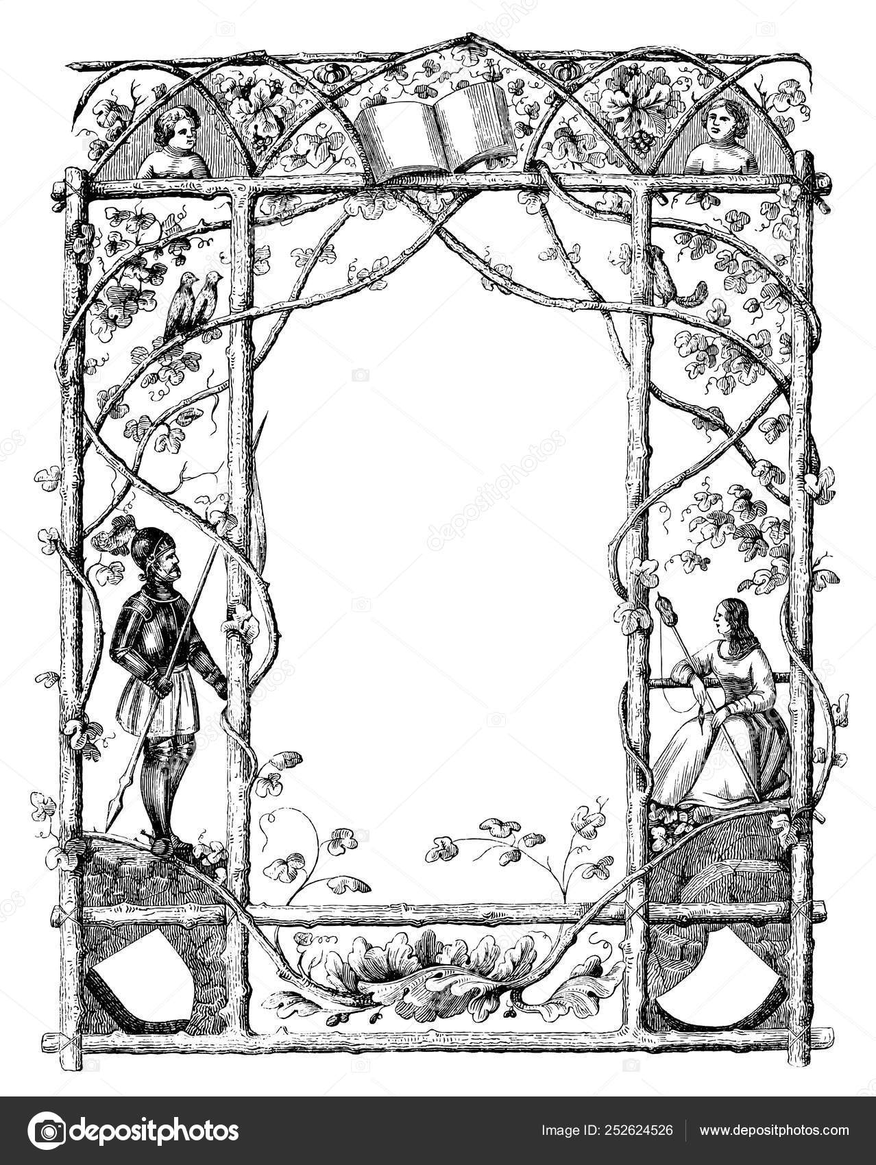 Vintage Drawing Of Ornate Frame With Natural Theme And Knight And Woman On Sides Stock Vector Image By C Ursus Zdeneksasek Com