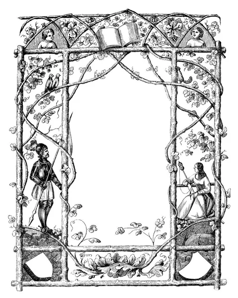 Dibujo vintage de marco adornado con tema natural y caballero y mujer en los lados — Archivo Imágenes Vectoriales