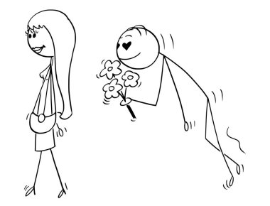 Cartoon of Beautiful Young Woman and Amorous Swain Following Her With Flowers clipart