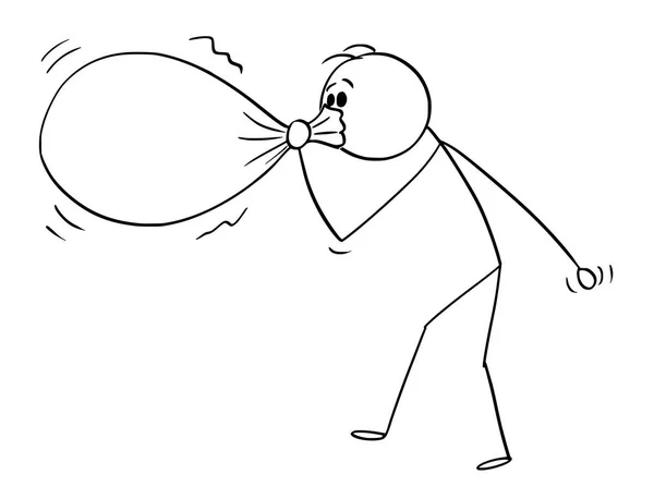 Karikatur eines Mannes oder Geschäftsmannes, der einen großen Luftballon oder eine Tasche oder einen Sack aufbläst oder pustet — Stockvektor