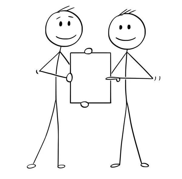 Caricatura de dos hombres o hombres de negocios sosteniendo juntos signo vacío — Vector de stock