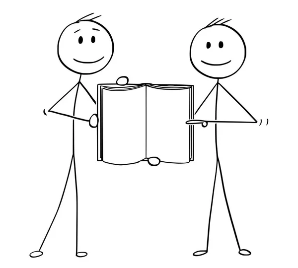 两个男人或商人的漫画一起拿着开放的书 — 图库矢量图片