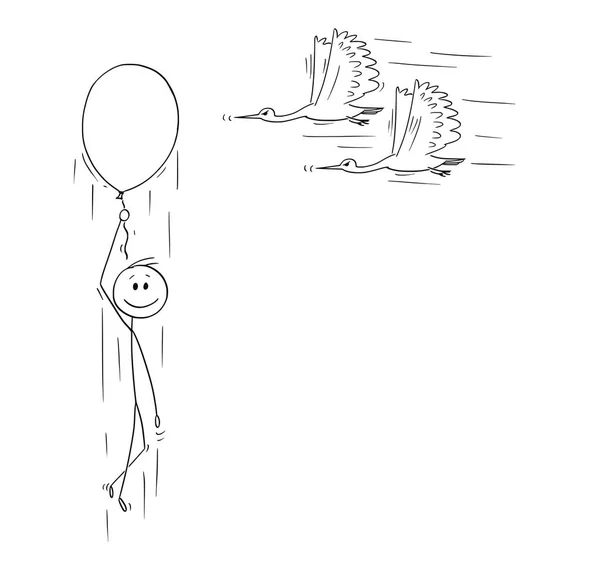Tecknad av lycklig Man eller affärsman som flyger upp på uppblåsbar ballong medan två fåglar med spetsiga näbbar flyger till honom — Stock vektor