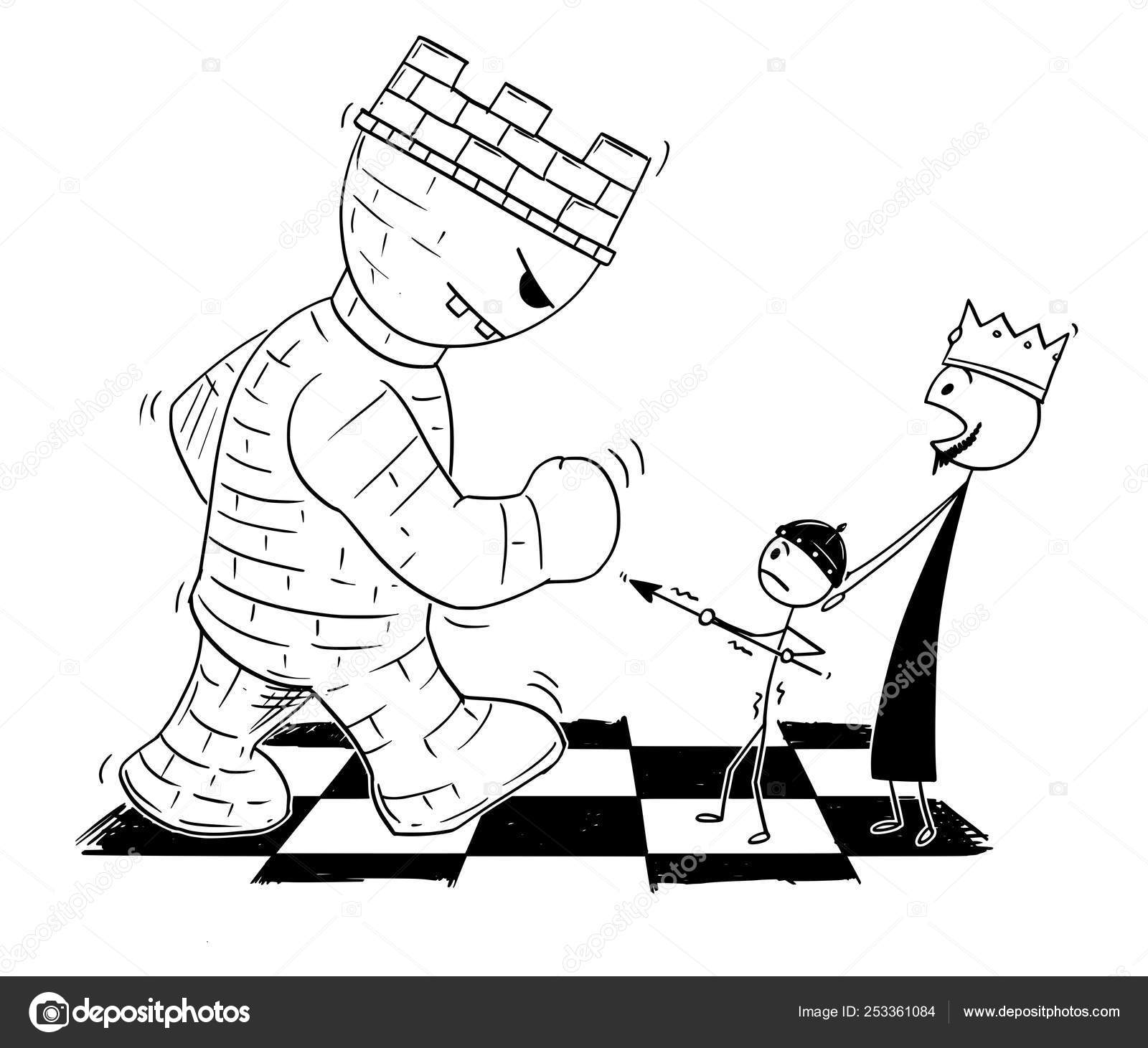 Personagem de desenho animado de menino adolescente fazendo movimento  estratégico com peça de xadrez de bispo gigante