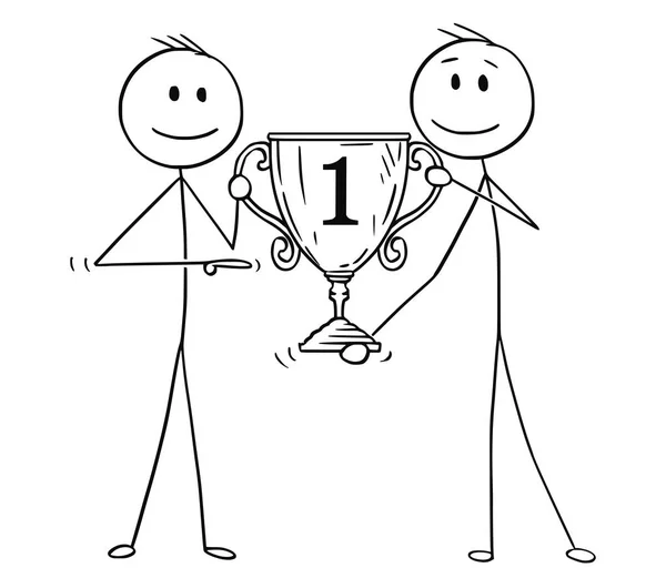 Cartoon van twee mannen of ondernemers bij elkaar te houden Cup trofee voor de winnaar — Stockvector