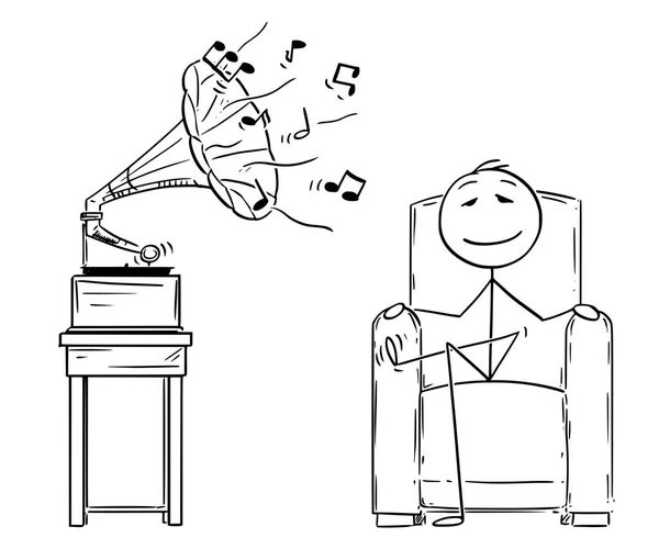 Dibujos animados del hombre sentado en un sillón y disfrutando escuchando música de Gramófono antiguo — Vector de stock