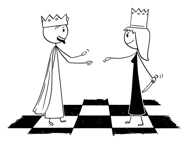 Cartoon Metaphor of Chess White King accueillant la reine noire avec un couteau caché — Image vectorielle