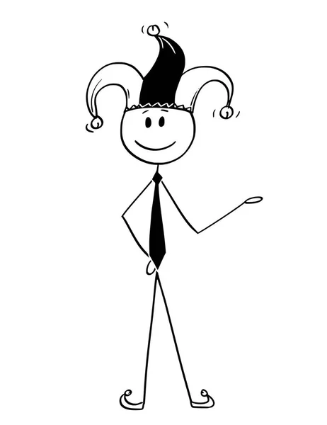 Caricature d'un homme souriant ou d'un homme d'affaires en costume de bouffon montrant ou offrant quelque chose — Image vectorielle
