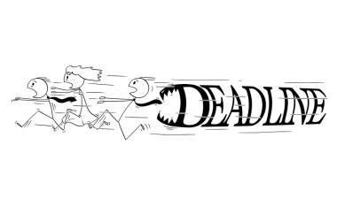 Karikatür grup iş insan panik içinde büyük son harfleri peşinde dişli'yi çalıştırma