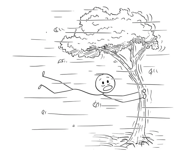 Desenhos animados de Homem Segurando Árvore em Vento Forte ou Windstorm —  Vetores de Stock