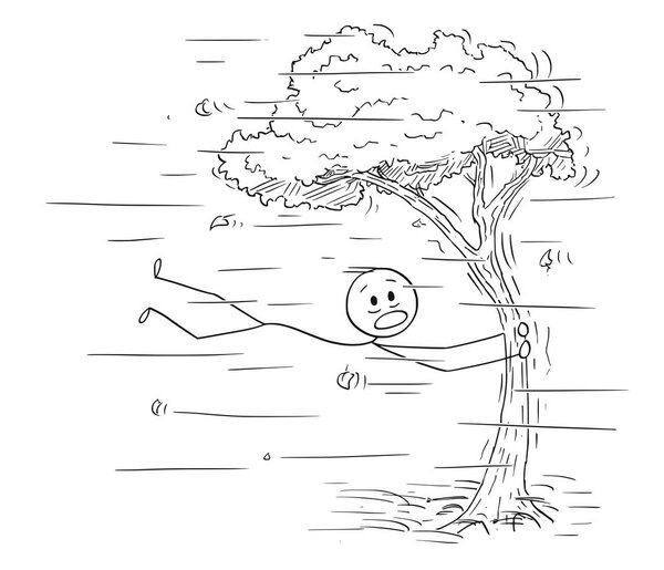 Cartoon of Man Holding Tree in Strong Wind or Windstorm