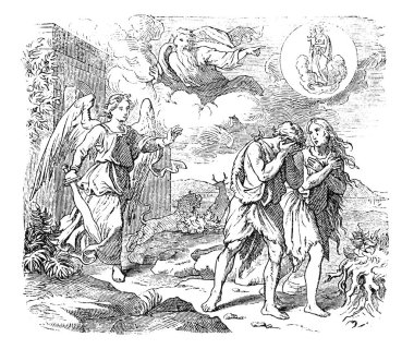 Vintage Drawing of Biblical Adam and Eve and Expulsion From Paradise clipart