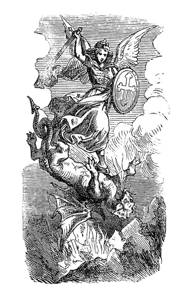 Винтажный рисунок библейского архангела Михаила, сражающегося с сатаной в роли дракона — стоковый вектор