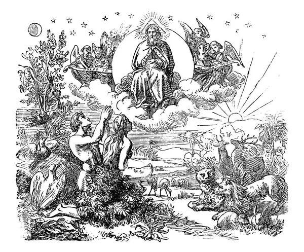 Vintage výkres biblické světa a zahrada Eden stvořen Bohem — Stockový vektor