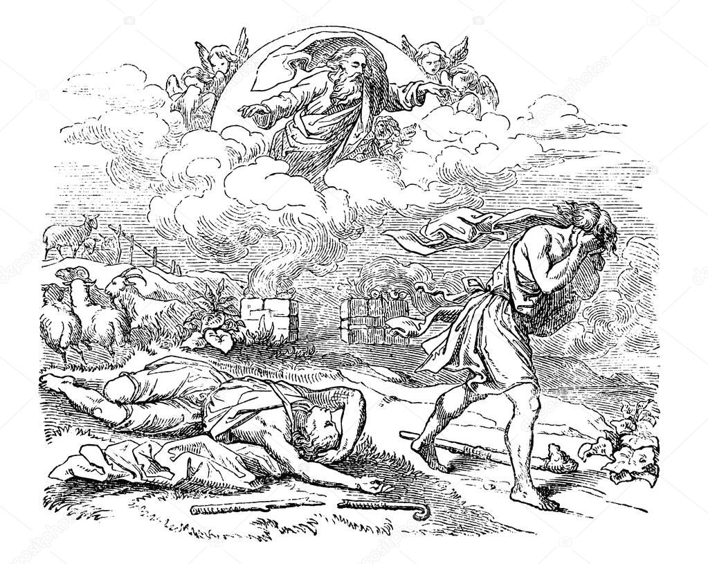 Vintage Drawing of Biblical Cain Who Murdered His Brother Abel