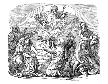 Vintage Drawing of Biblical Noe and his Sons Sacrificing animals to God. clipart