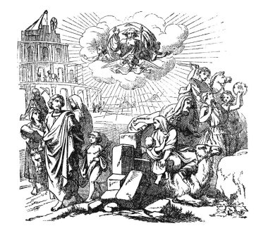 Vintage Drawing of Biblical Story About Tower of Babel. clipart